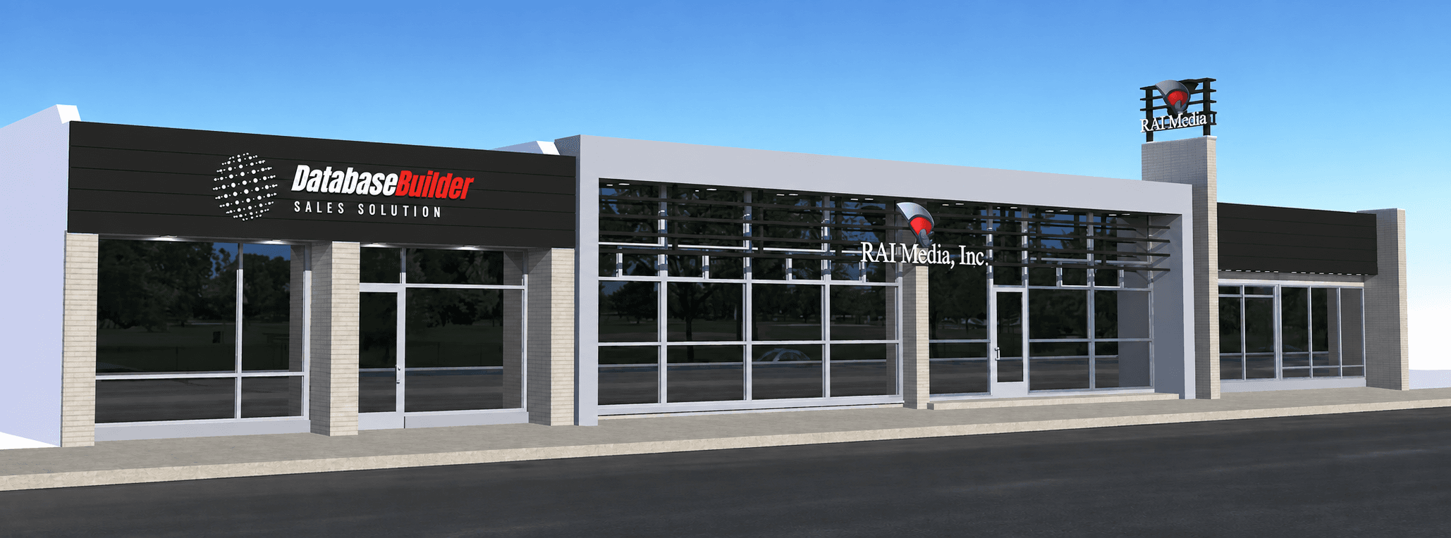 Building exterior with DatabaseBuilder Sales Solution and RAI Media signage