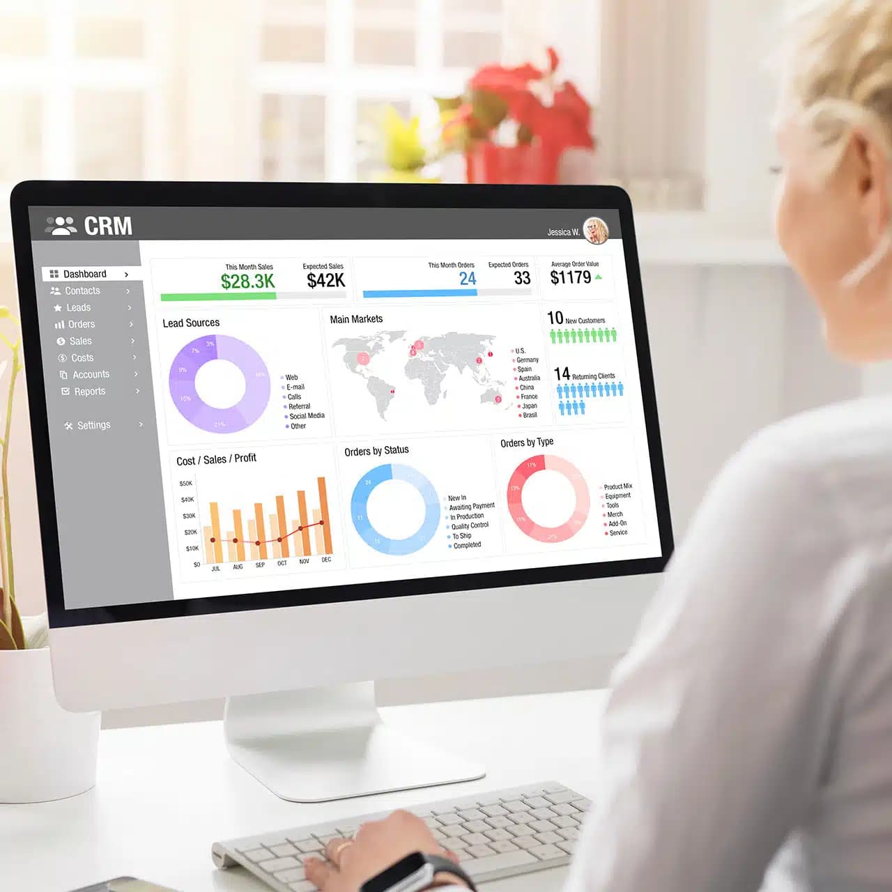 A sales professional reviewing a CRM dashboard