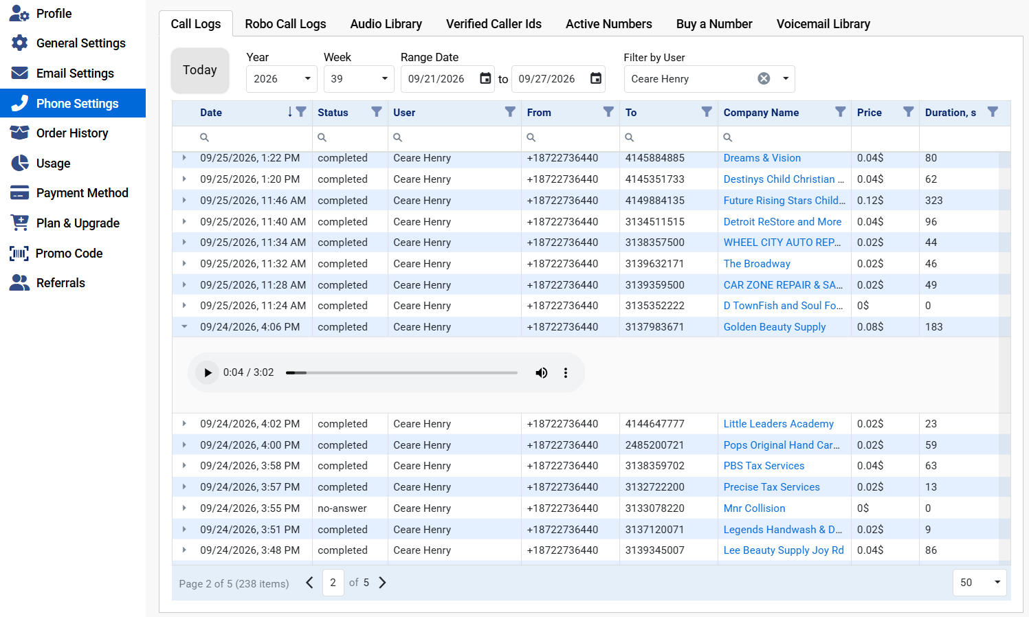 Call Logs filtered to one rep for week 39 of 2026: every call with its date, status, number, company, price and duration, one of them opened to play its recording.