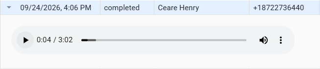 A logged call opened to play its recording: 0:04 of 3:02.