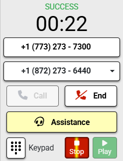 The rep's dialer 22 seconds into a call, with End and the Assistance button lit.