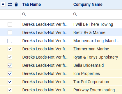 The rep's leads with tick boxes, six accounts ticked and ready to move to another rep or tab.