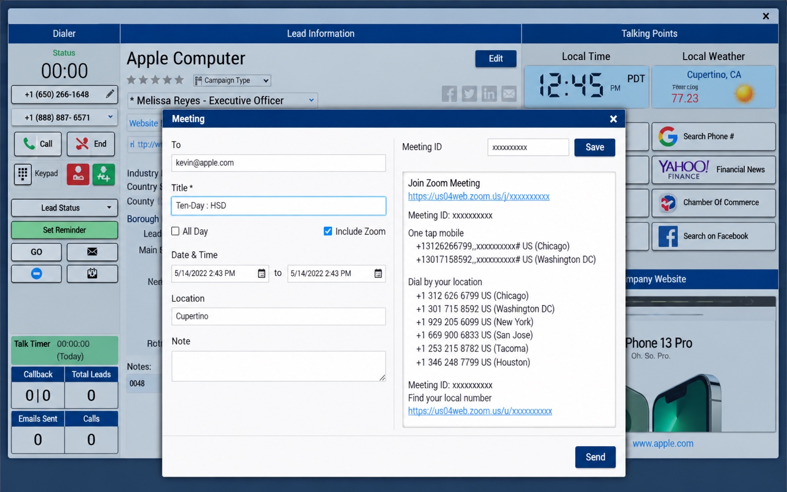 Scheduling a meeting from the lead screen: the Meeting form with Include Zoom ticked, and the join link, meeting ID and dial-in numbers filled in.